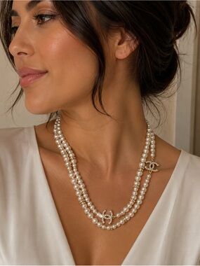 Fashion Jewelry White Pearl Very Long Strand Necklace with Gold Logo Accent
